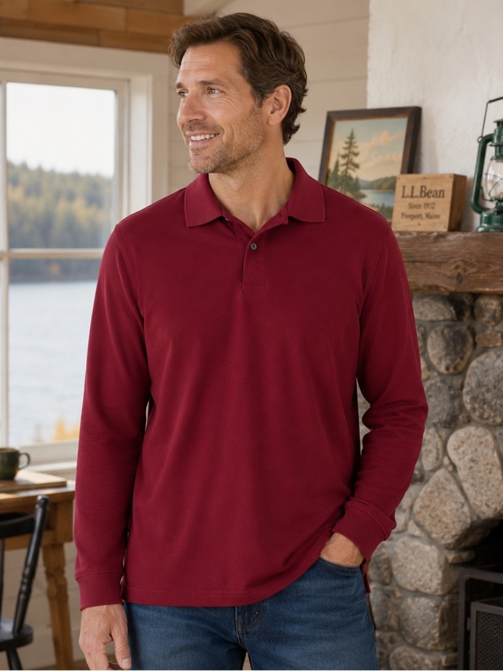 L.L. Bean Red Long-Sleeve Polo Shirt Men’s Large 100% Cotton Classic Fit